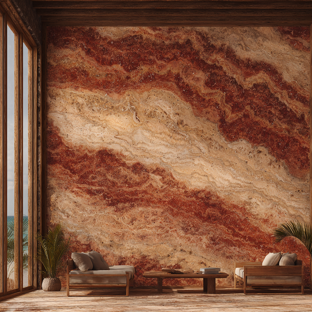 Sala con panel de muro vertical revestido en Mármol Travertino Rojo, distribuido por Recubrimientos Naturales en Cancún y la Riviera Maya.