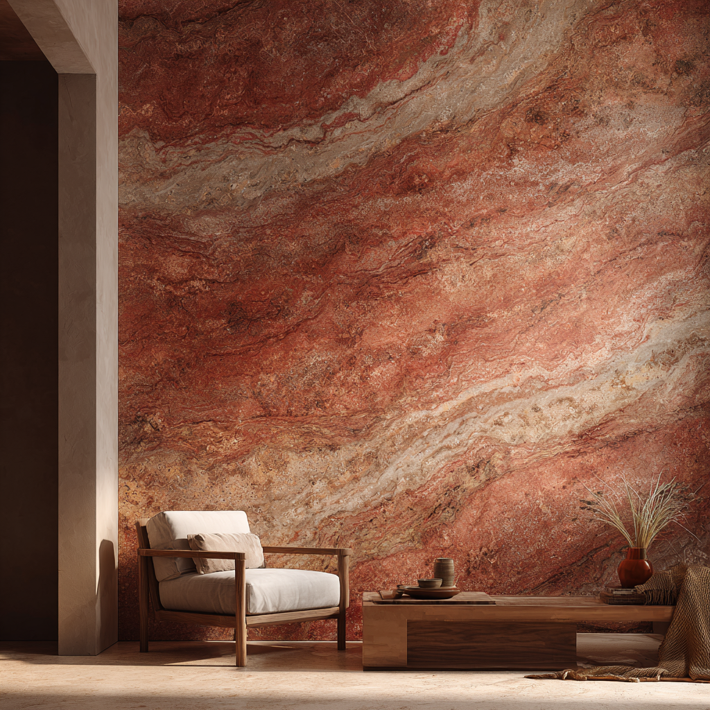 Sala minimalista con muro de Mármol Travertino Rojo, distribuido por Recubrimientos Naturales en Cancún y la Riviera Maya.