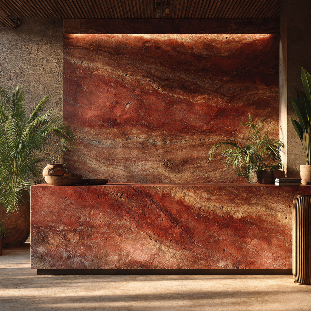 Barra de bar moderna y elegante hecha con Mármol Travertino Rojo, distribuido por Recubrimientos Naturales en Cancún para toda la Riviera Maya.