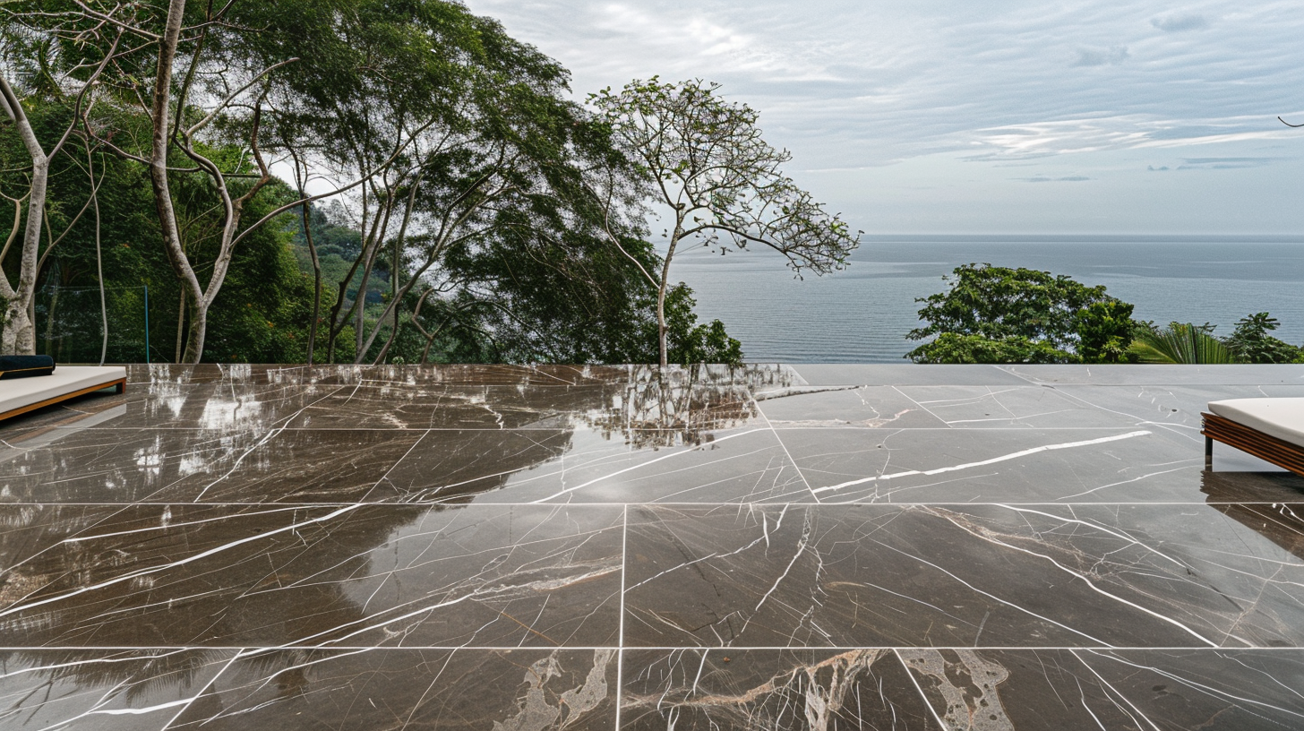 Terraza de lujo frente al mar con piso de Mármol Santo Tomás – Recubrimientos Naturales Riviera Maya