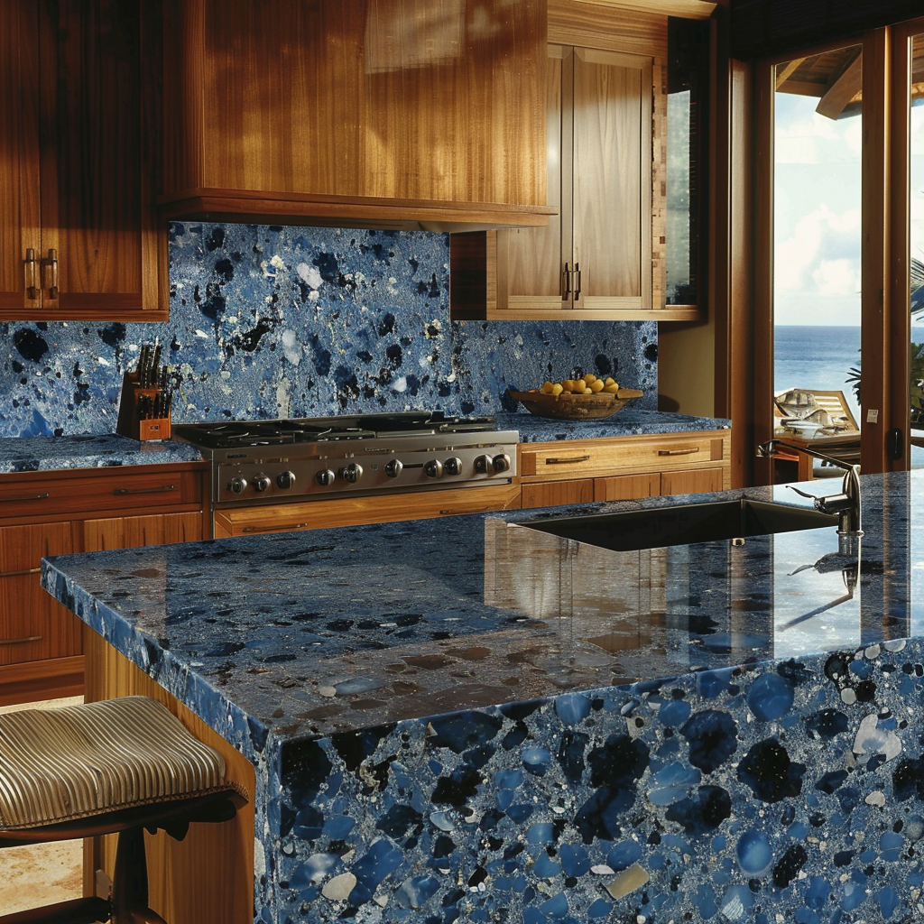 Cocina costera chic con encimera de Granito Blue Pearl y luz natural.