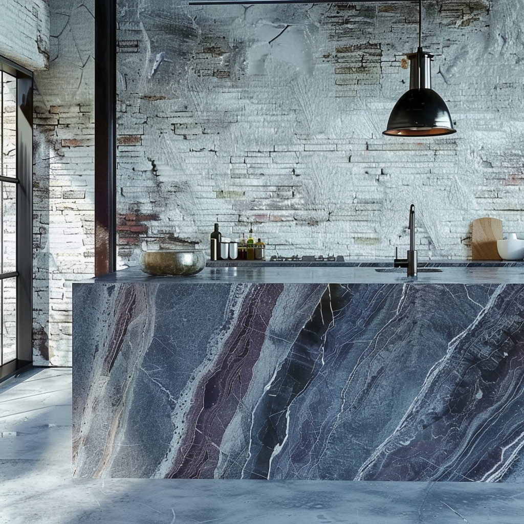 Cocina de lujo con encimera de Granito Azul Imperial, azul grisáceo y brillo sutil.