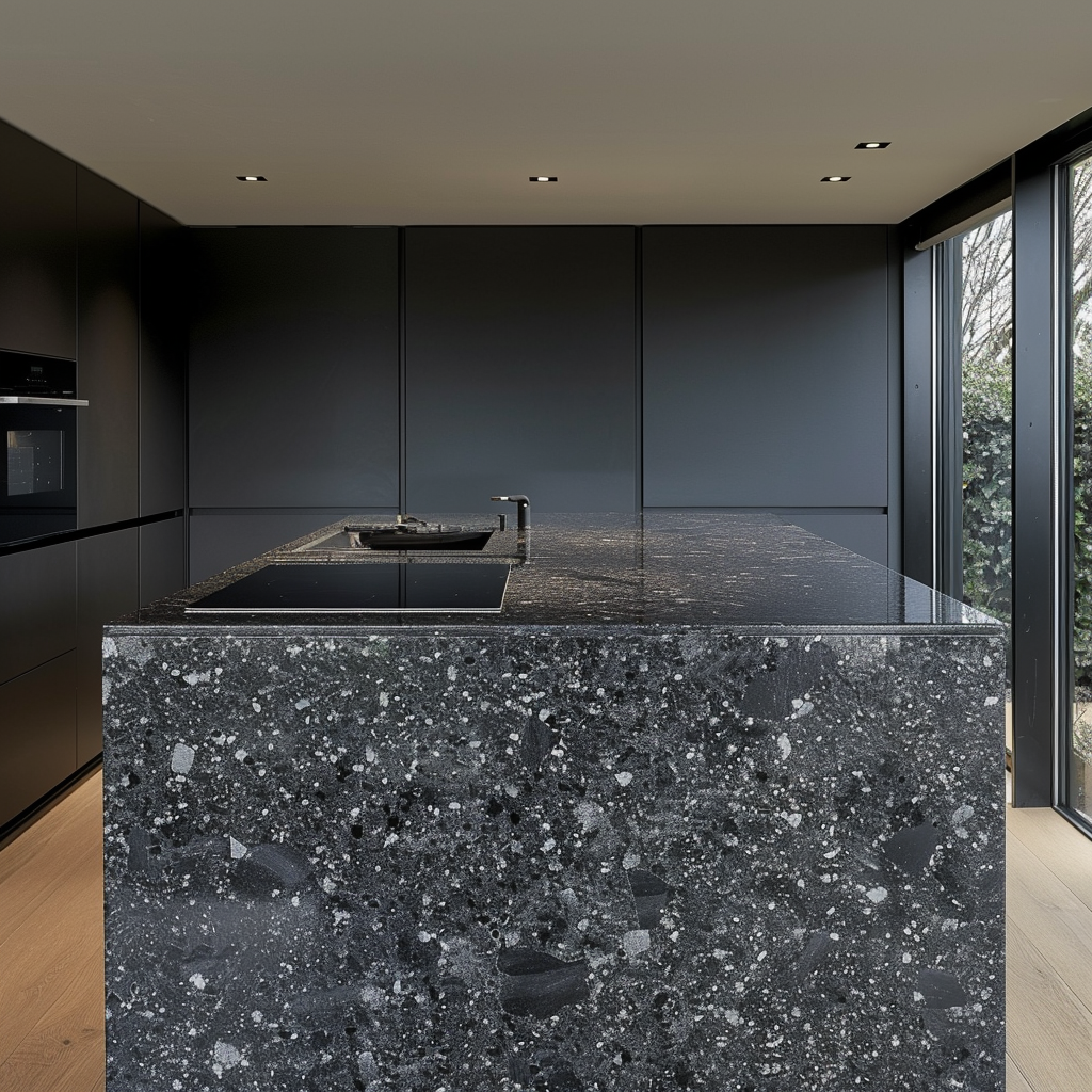 Encimera de lujo en Granito Steel Grey para cocina de departamento premium en Cancún.