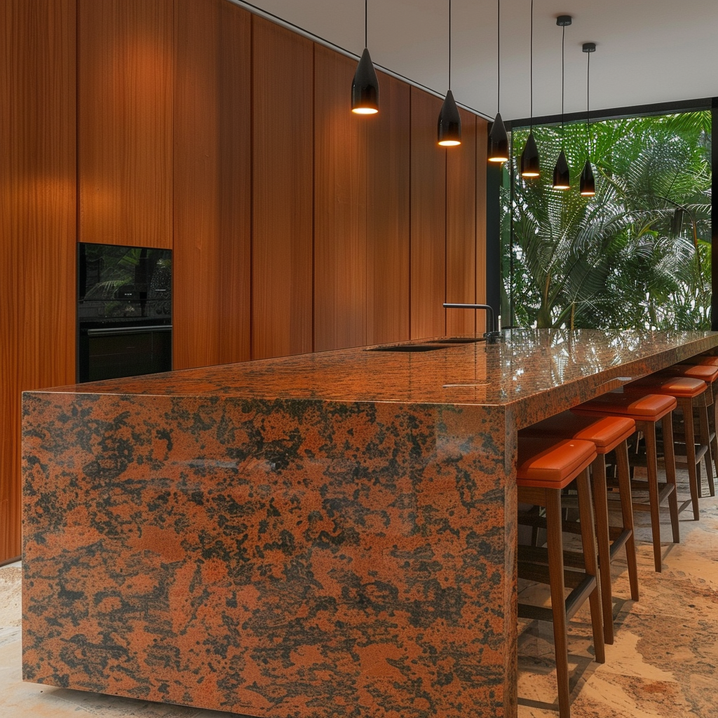 Encimera de lujo en Granito Rojo Capao Bonito para cocina de departamento premium en Cancún.