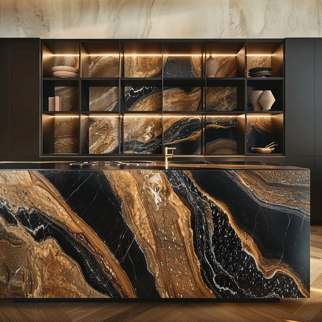 Cocina costera chic con encimera de Granito Black Taurus y mucha luz natural.