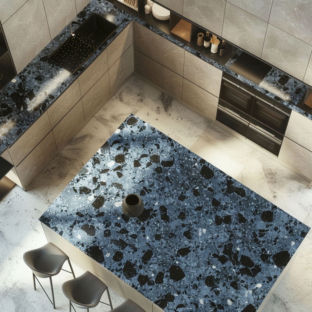 Cocina de lujo con encimera de Granito Blue Pearl, brillo sutil y tono gris azulado.