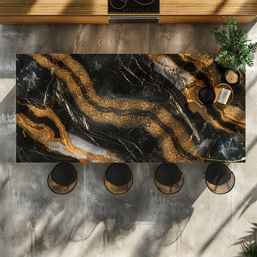 Cocina contemporánea con encimera de Granito Black Taurus, muebles de madera y acentos negros.