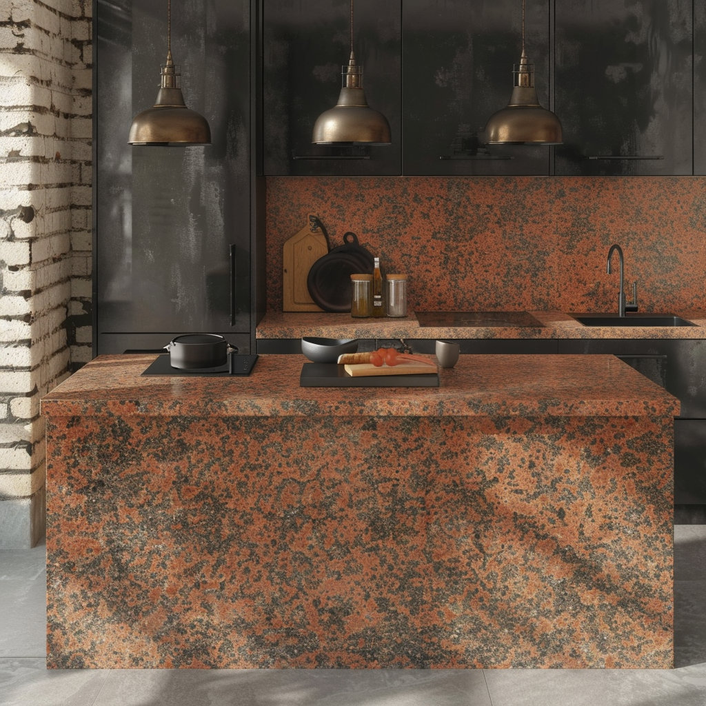 Cocina contemporánea con encimera de Granito Rojo Capao Bonito, madera natural y detalles negros.