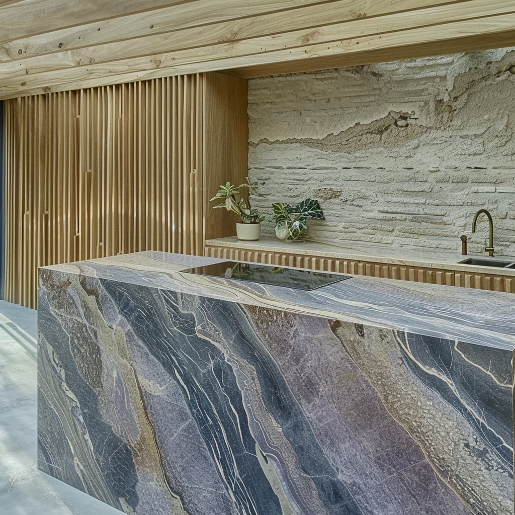 Encimera de lujo en Granito Azul Imperial para cocina de departamento premium en Cancún.