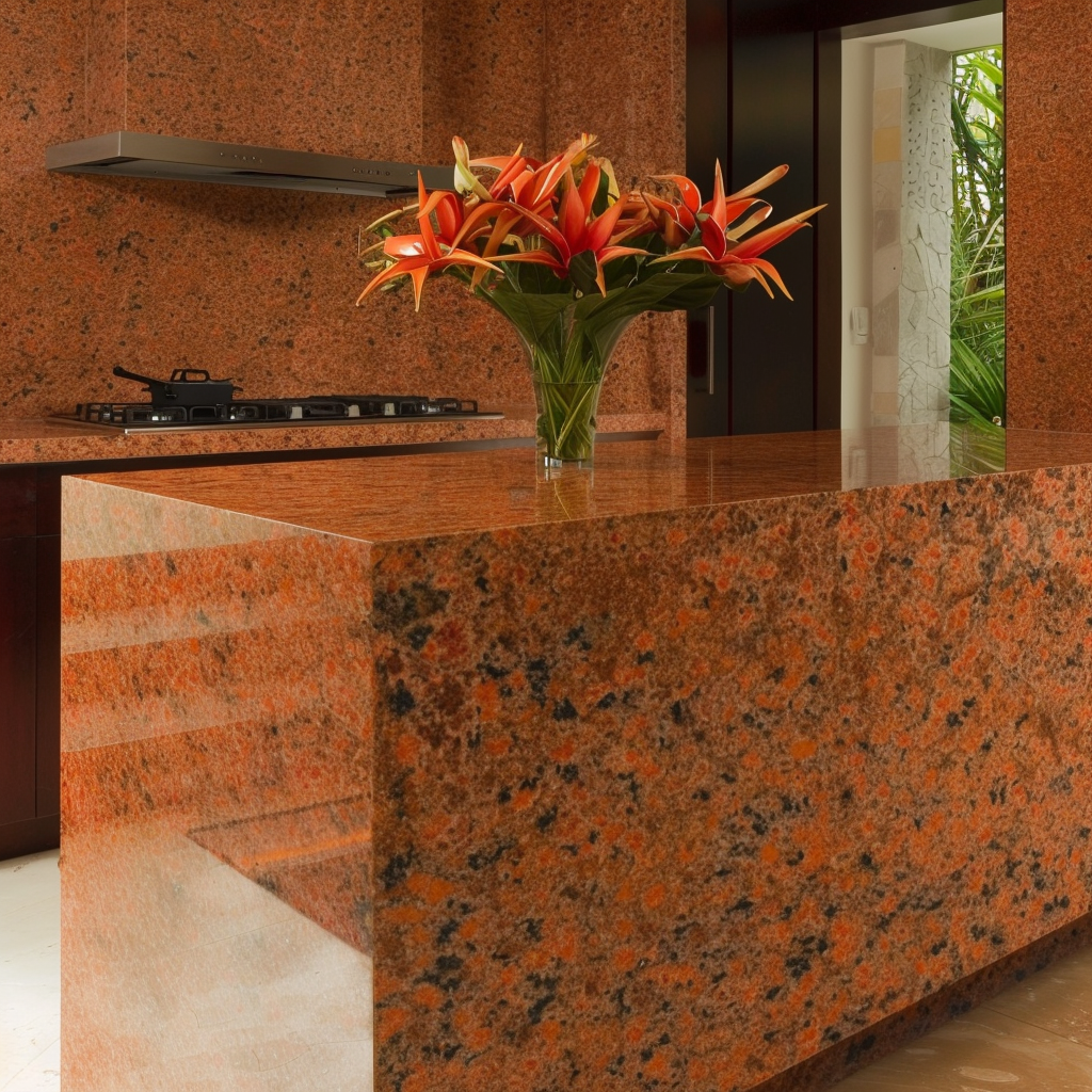 Cocina costera chic con encimera de Granito Rojo Capao Bonito y mucha luz natural.