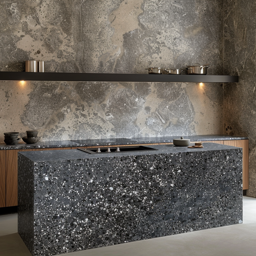 Cocina costera chic con encimera de Granito Steel Grey y mucha luz natural.