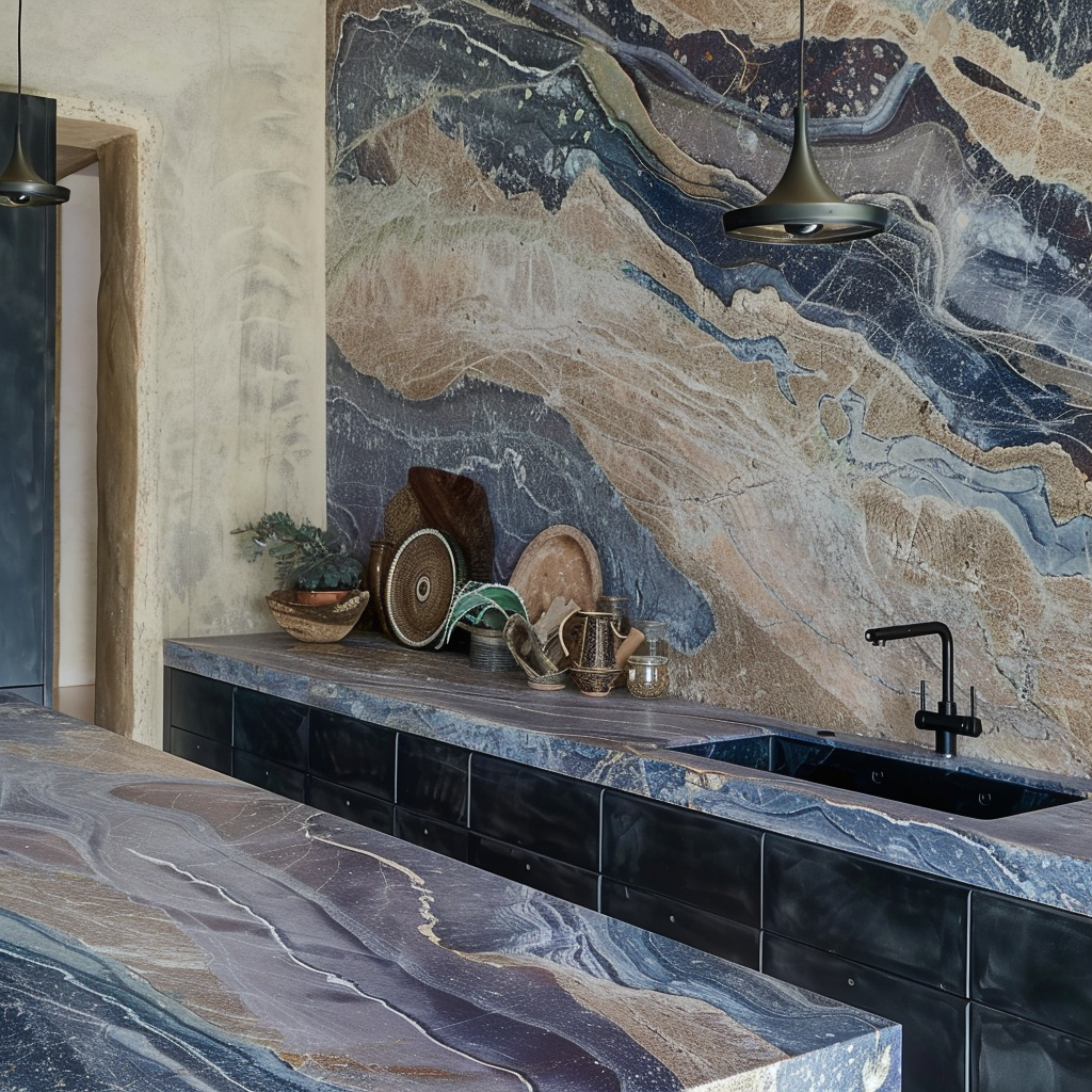 Cocina contemporánea con encimera de Granito Azul Imperial, madera natural y acentos negros.