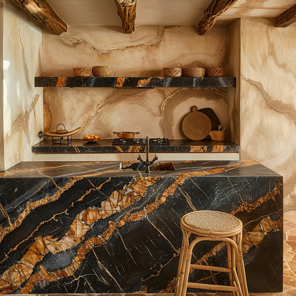 Encimera de lujo en Granito Black Taurus para cocina de departamento premium en Cancún.