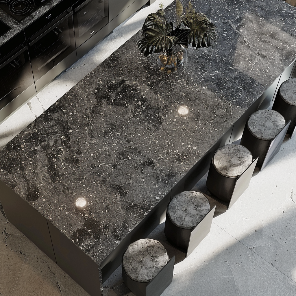 Cocina contemporánea con encimera de Granito Steel Grey, madera natural y acentos negros.