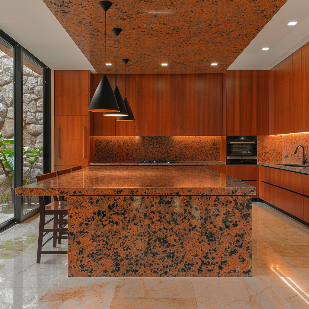 Cocina de lujo con encimera de Granito Rojo Capao Bonito, tono rojo cálido y elegante.