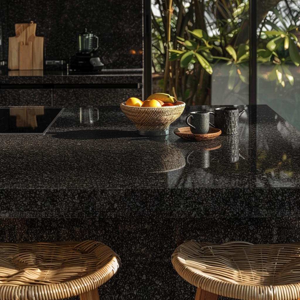 Cocina de lujo en Cancún con cubierta de Granito San Gabriel negro pulido, diseño premium a medida.