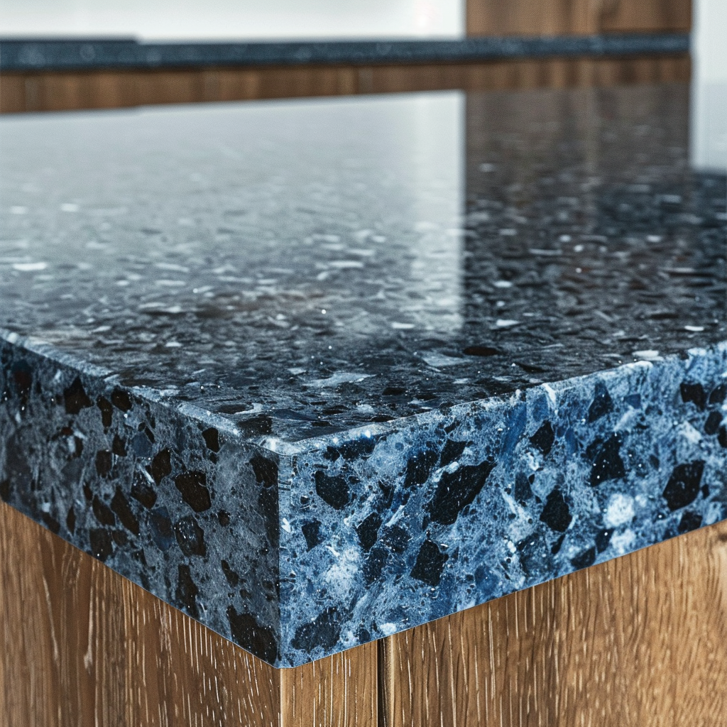 Cocina contemporánea con encimera Blue Pearl, muebles de madera y acentos negros.