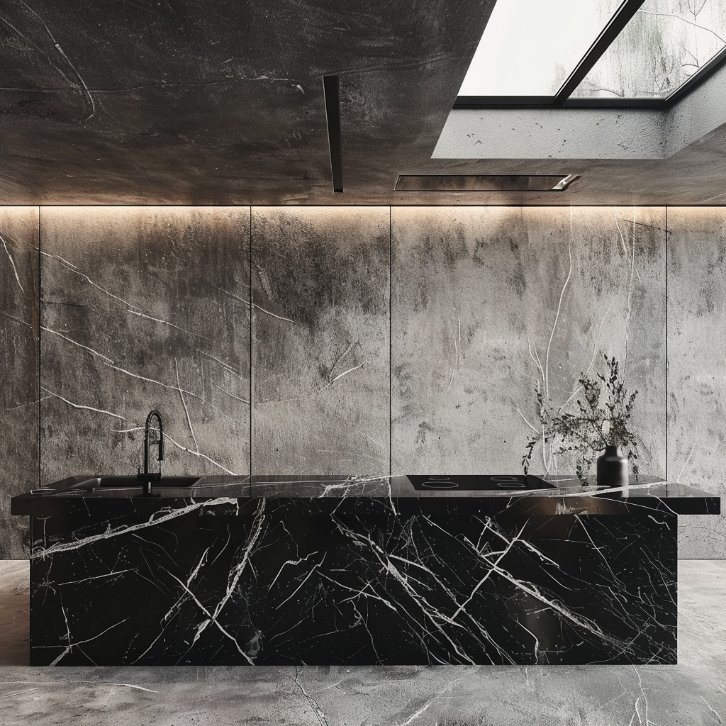 Cocina contemporánea con encimera de Granito Maori, madera natural y acentos negros.