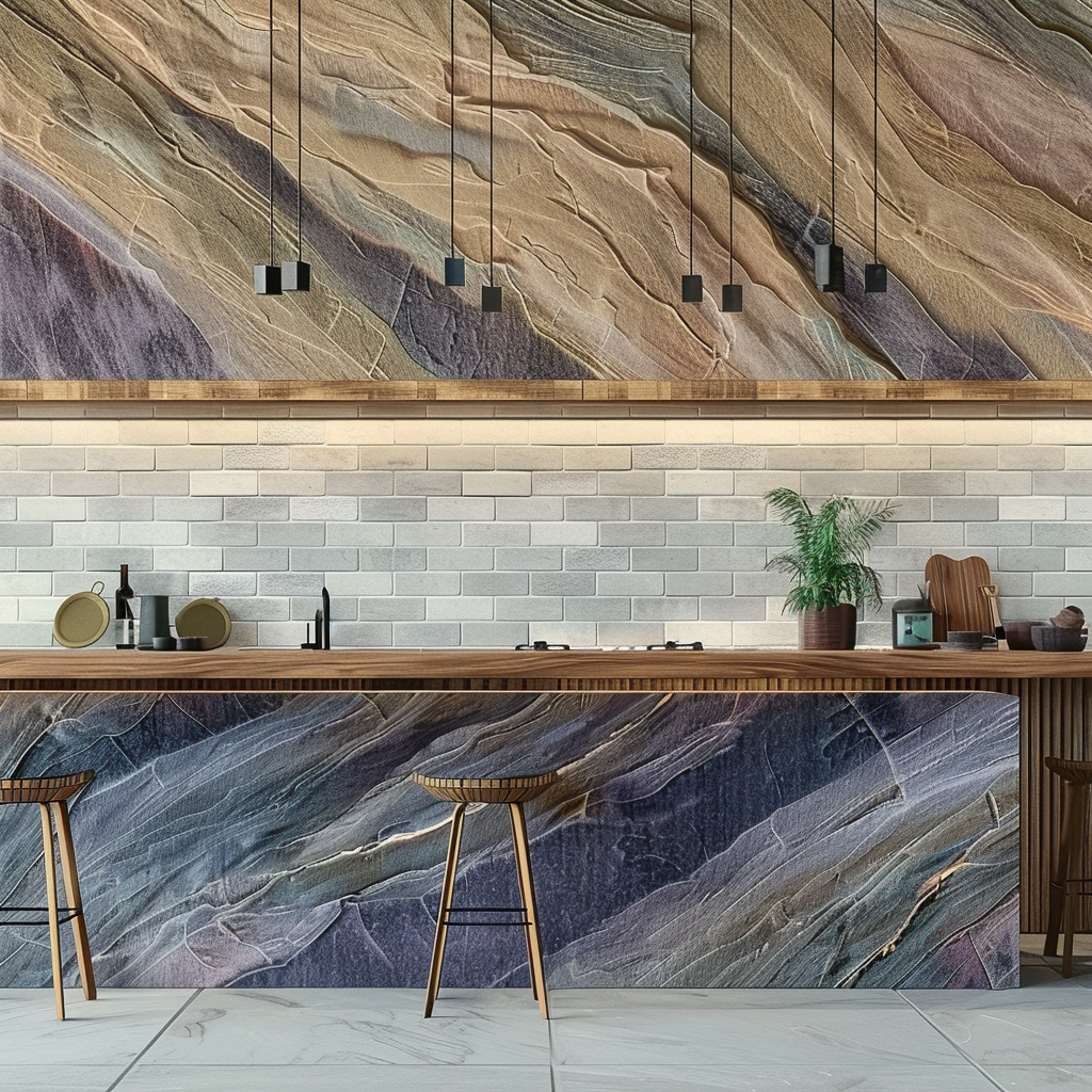 Cocina costera chic con encimera de Granito Azul Imperial y luz natural.