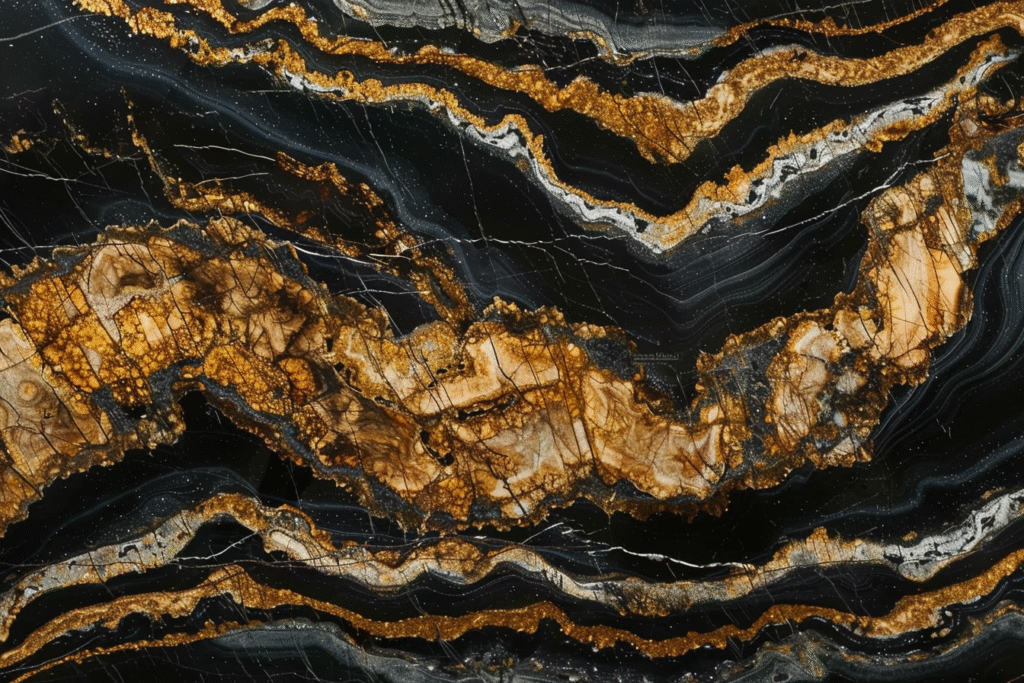 Superficie de granito Black Taurus con vetas doradas, disponible en Recubrimientos Naturales Cancún.