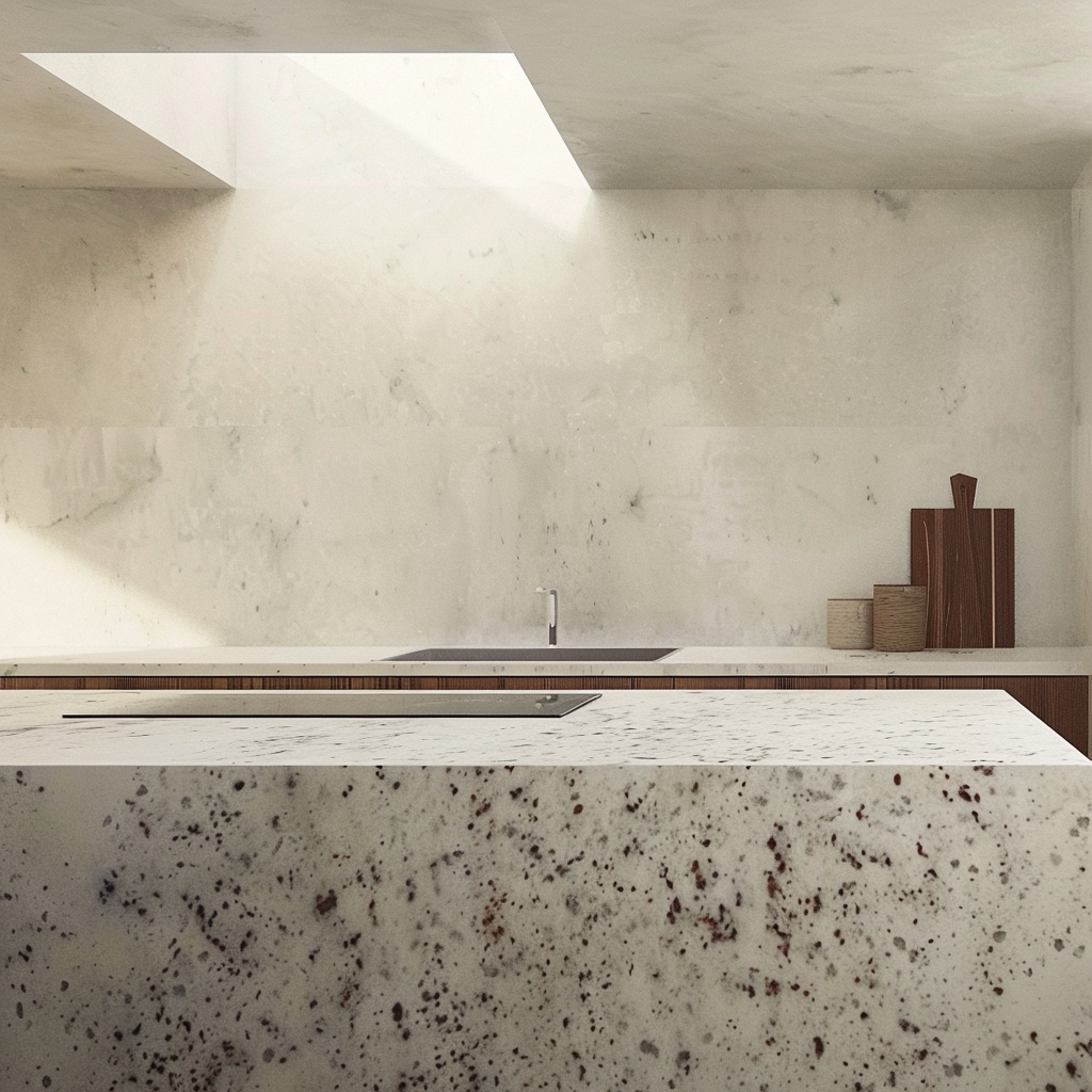 Cocina contemporánea con encimera de Granito Blanco Dallas, madera natural y detalles negros.