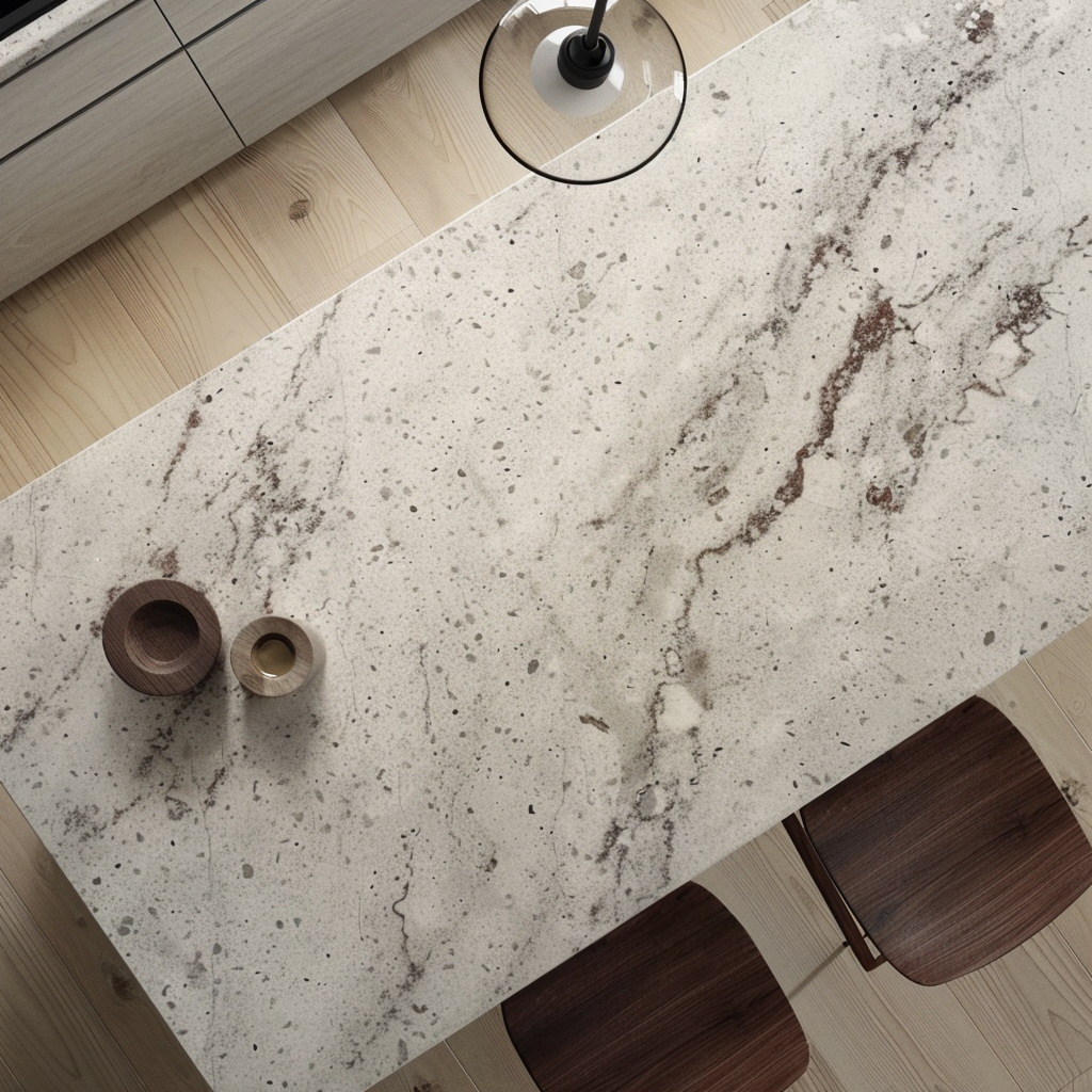 Cocina luminosa con encimera de Granito Blanco Dallas, estilo minimalista y elegante.