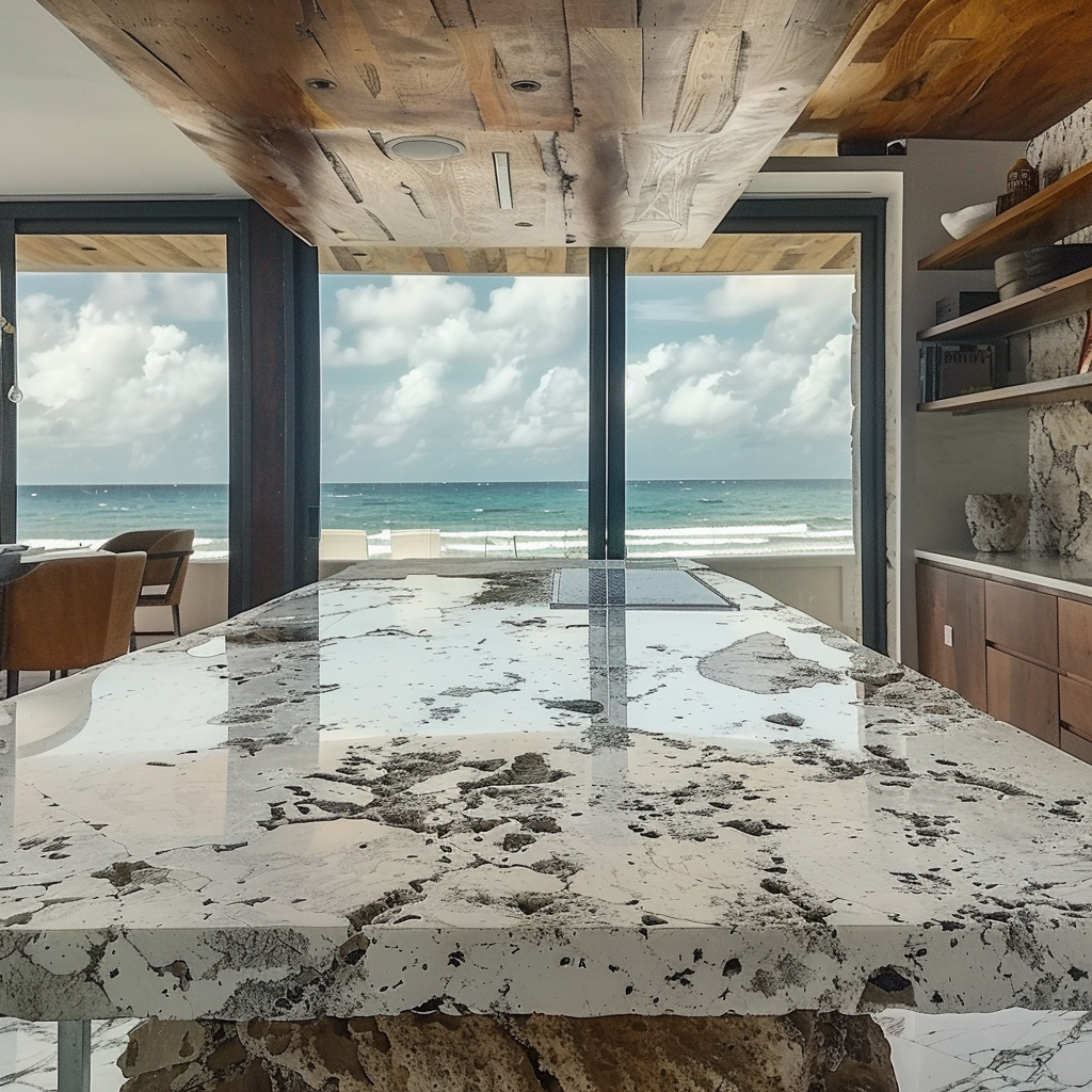 Cocina con luz natural y encimera de Granito Blanco Perla, estilo mediterráneo.