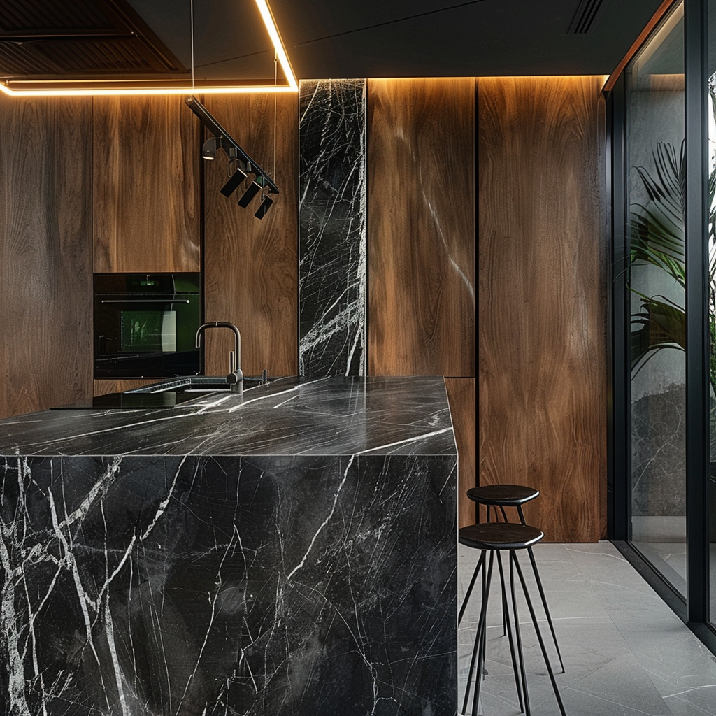 Cocina costera chic con encimera de Granito Maori y luz natural.