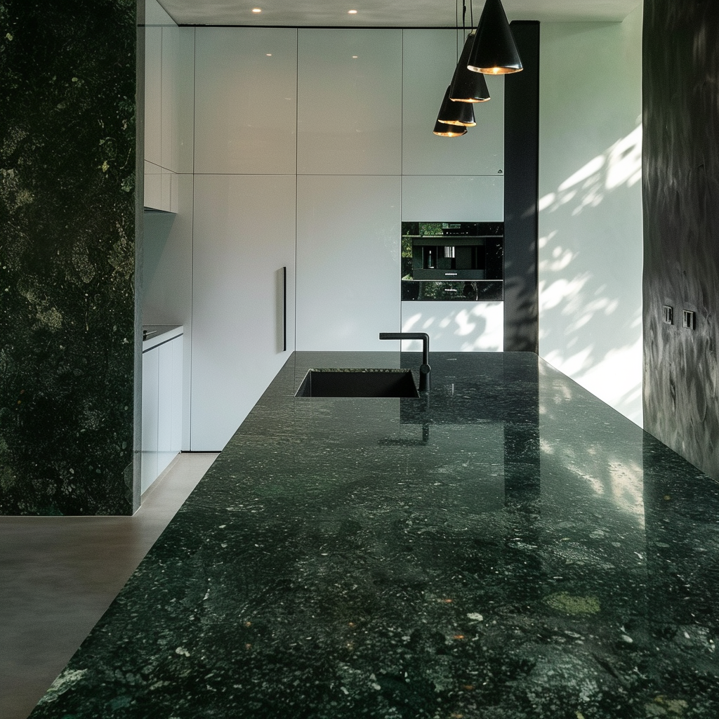 Cocina con cubierta en Granito Verde Ubatuba pulido, canto recto y especificación para proyecto residencial.