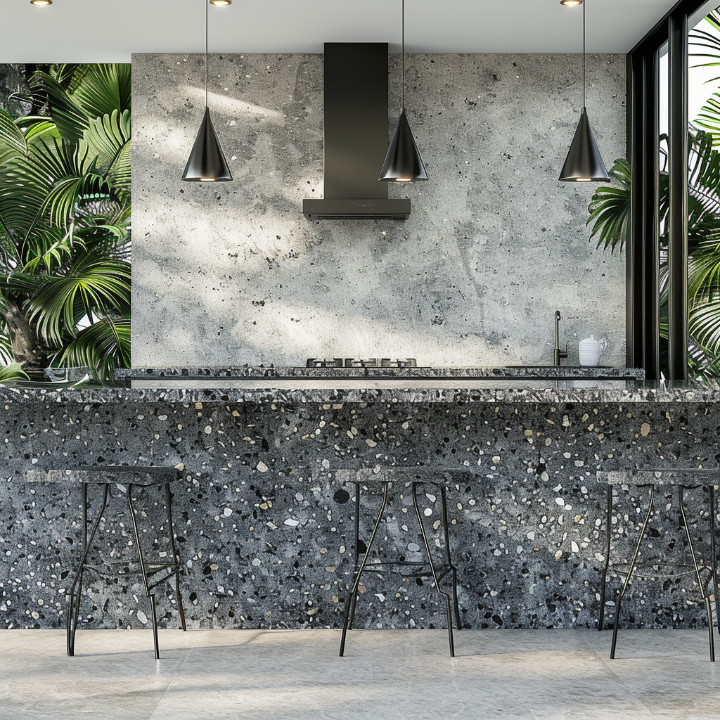 Cocina de lujo con encimera de Granito Steel Grey, gris profundo y look limpio.