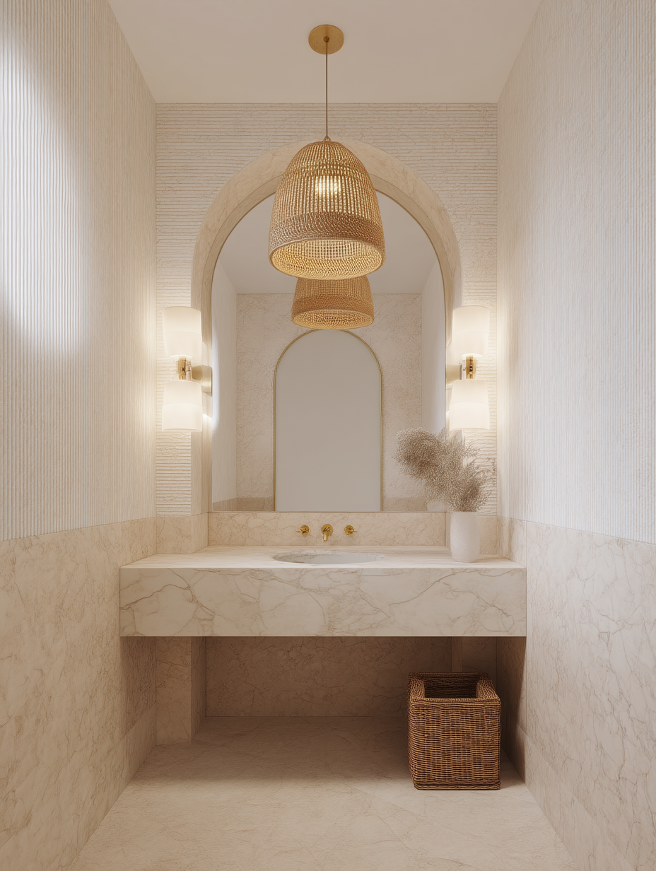 Baño elegante decorado con mármol Bellagio en Cancún